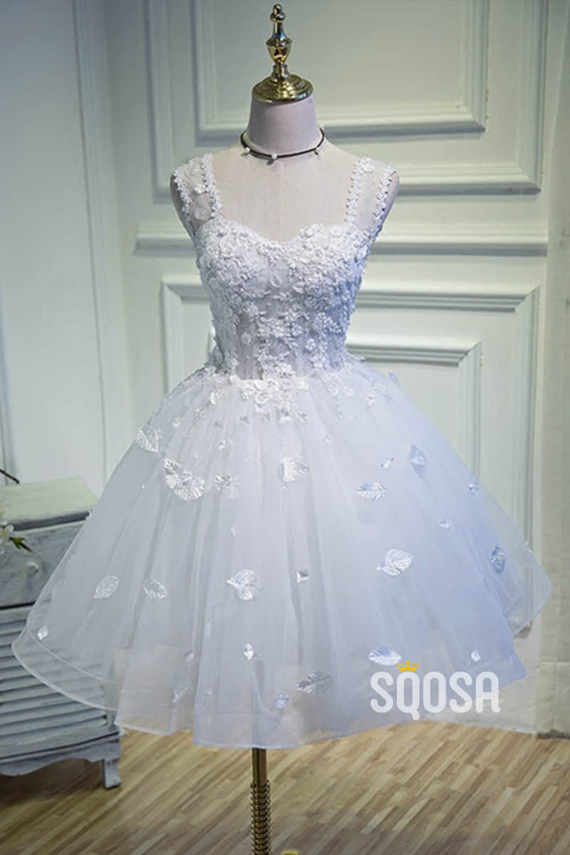 A-line Sweetheart White Tulle Appliques Short Homecoming Dress QH2116|SQOSA