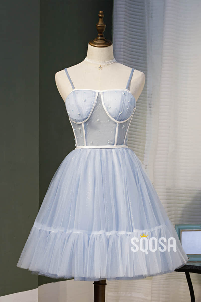 A-line Spaghetti Straps Sweetheart Sky Blue Tulle Beaded Short Homecoming Dress QH2117|SQOSA