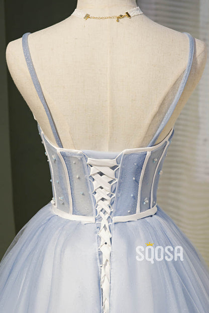 A-line Spaghetti Straps Sweetheart Sky Blue Tulle Beaded Short Homecoming Dress QH2117|SQOSA