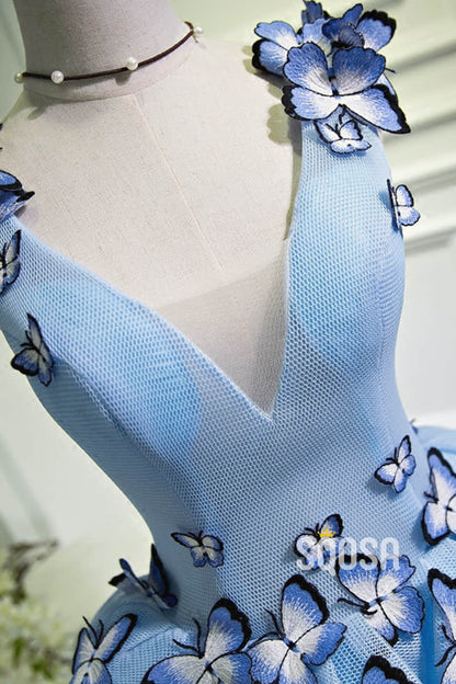 A-line V-neck Sky Blue Tulle 3D Appliques Cute Homecoming Dress QH2119|SQOSA