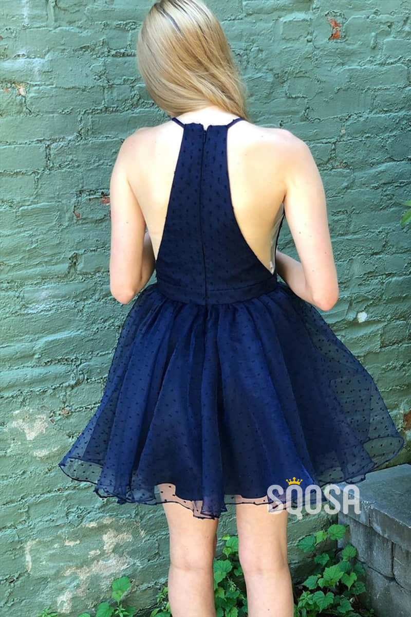 A-line Unique Halter Tulle Cute Homecoming Dress Short Prom Dress QS2086|SQOSA