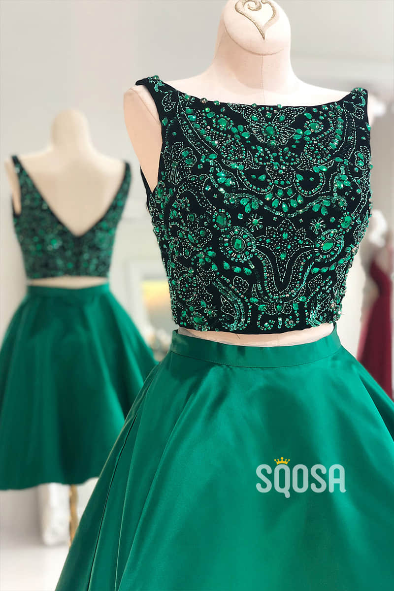 A-line Bateau Neckline Green Satin Beaded Short Homecoming Dress Pageant Dress QS2092|SQOSA