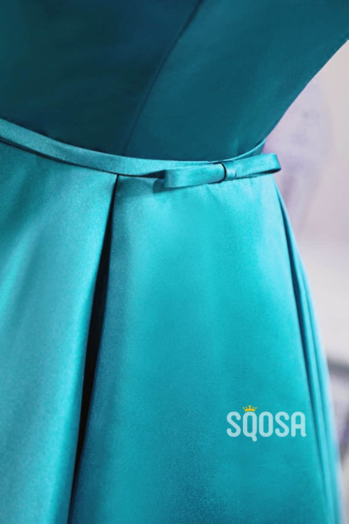 A-line Cap Sleeves Lake Blue Satin Appliques Simple Homecoming Dress QS2100|SQOSA