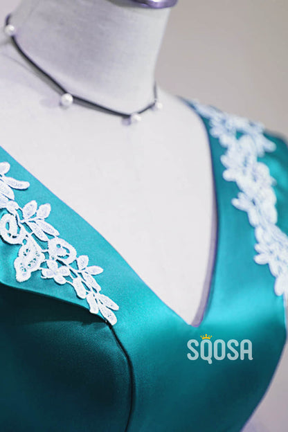 A-line Cap Sleeves Lake Blue Satin Appliques Simple Homecoming Dress QS2100|SQOSA