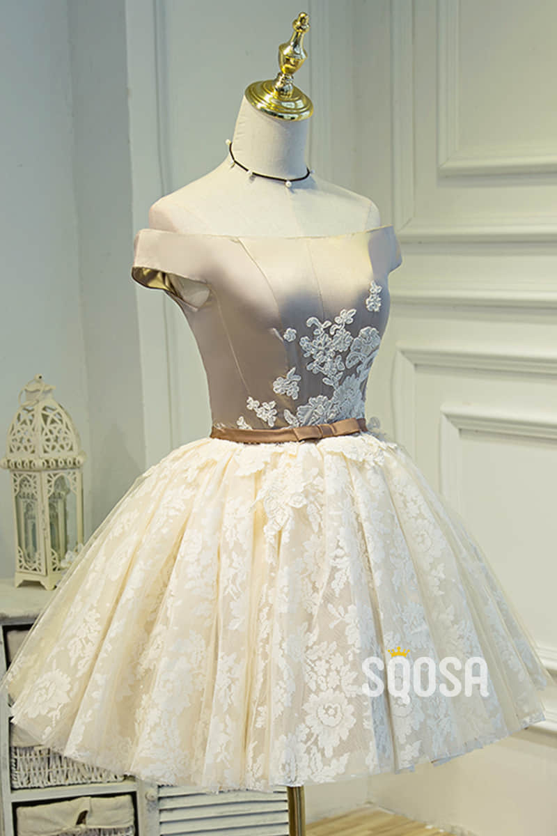Ball Gown Off-the-Shoulder Lace Vintage Homecoming Dress Short Prom Dress QS2101|SQOSA