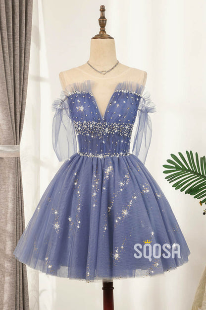 A-line Illusion Neckline Blue Tulle Beads Short Homecoming Dress QS2104|SQOSA