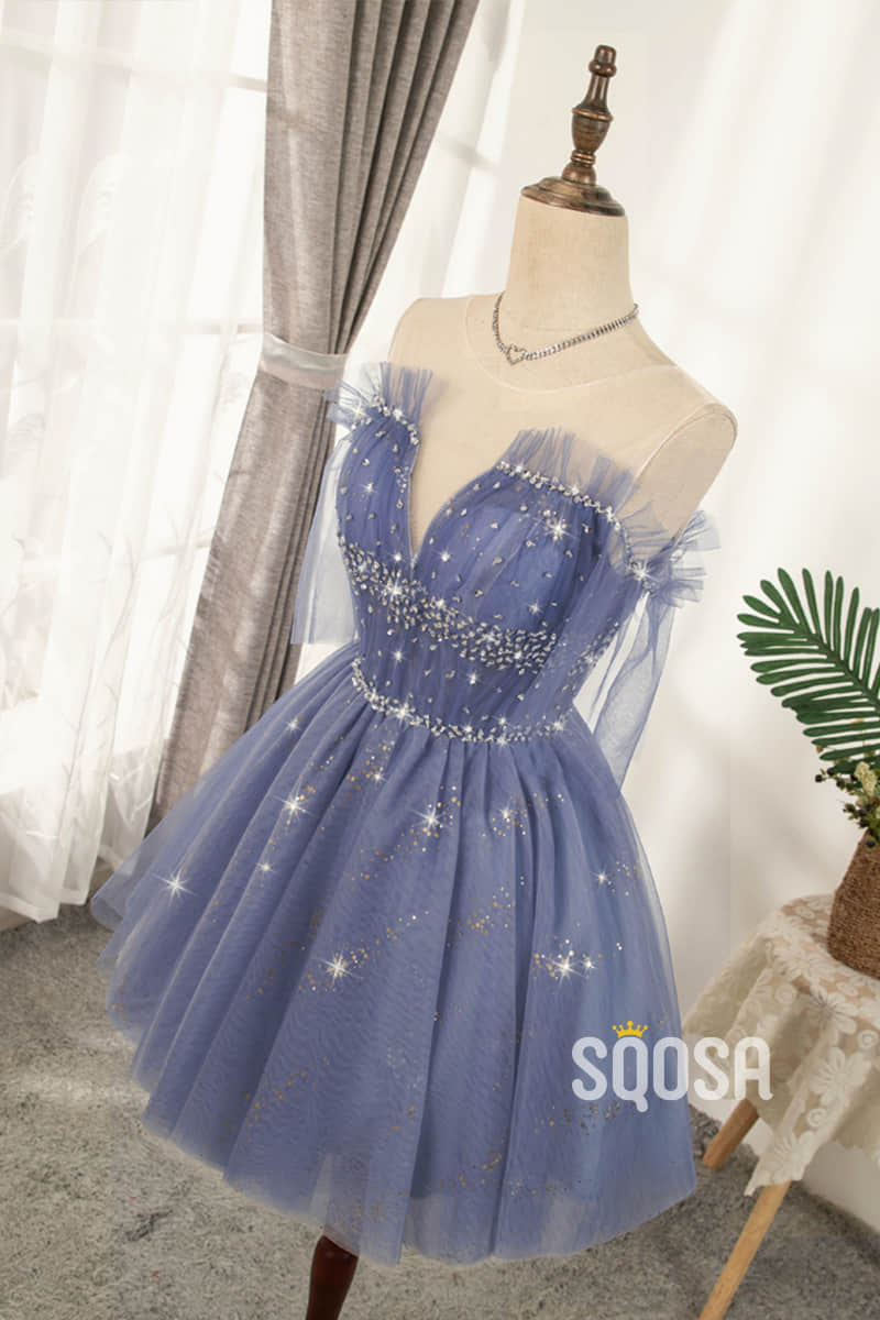 A-line Illusion Neckline Blue Tulle Beads Short Homecoming Dress QS2104|SQOSA