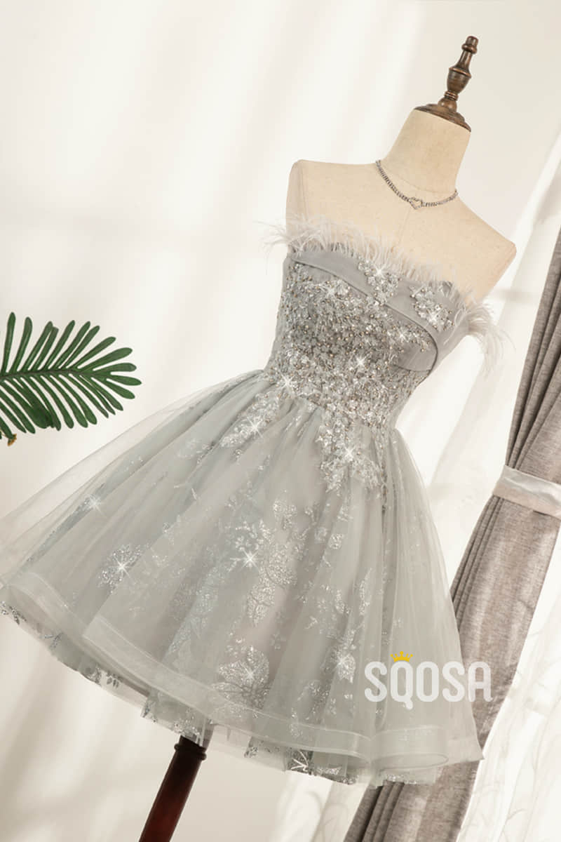 A-line Off-Shoulder Tulle Appliques Chic Feather Short Homecoming Dress QS2106|SQOSA