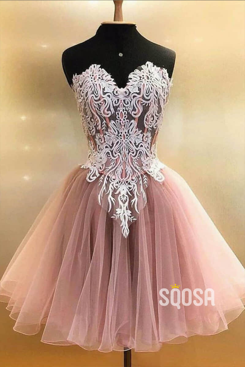 A-line V-neck Tulle Appliques Short Homecoming Dress Pageant Dress QS2109|SQOSA