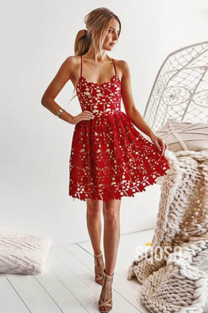 A-line Spaghetti Straps Red Lace Short Homecoming Dress Pageant Dress QS2112|SQOSA