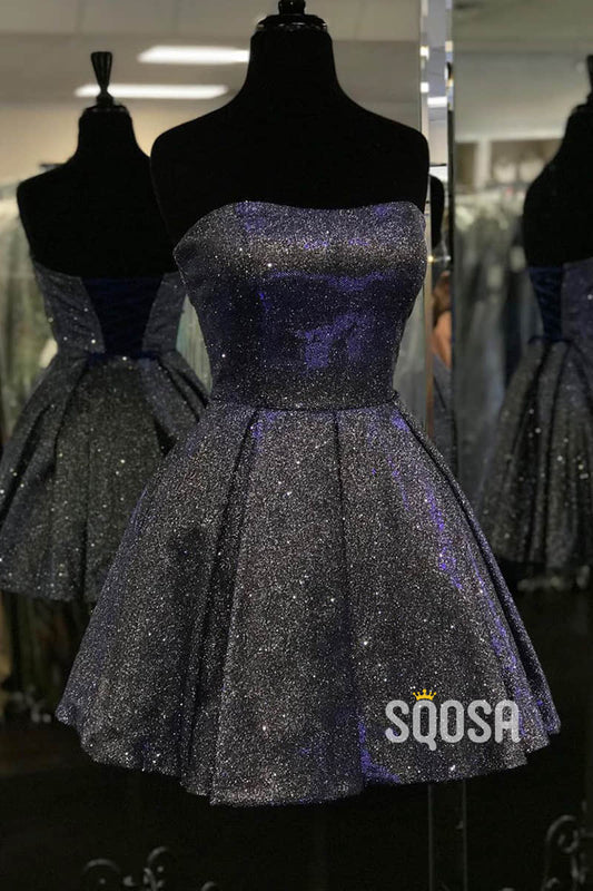 A-line Strapless Short Homecoming Dress Sparkly Prom Dress QS2120|SQOSA