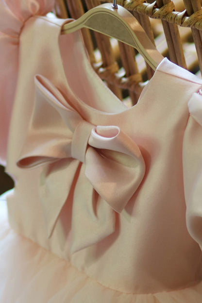 Chic Bateau Neckline Short Sleeves Pink Cute Flower Girl Dress First Communion Dress QF1030