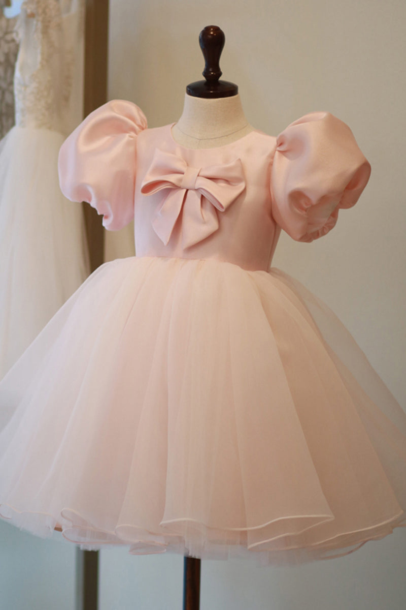 Chic Bateau Neckline Short Sleeves Pink Cute Flower Girl Dress First Communion Dress QF1030
