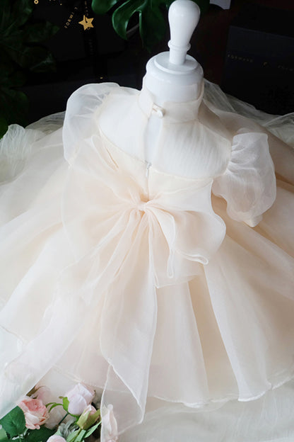 Unique High Neckline Soft Tulle Short Sleeves Flower Girl Dress Champagne First Communion Dress QF1031