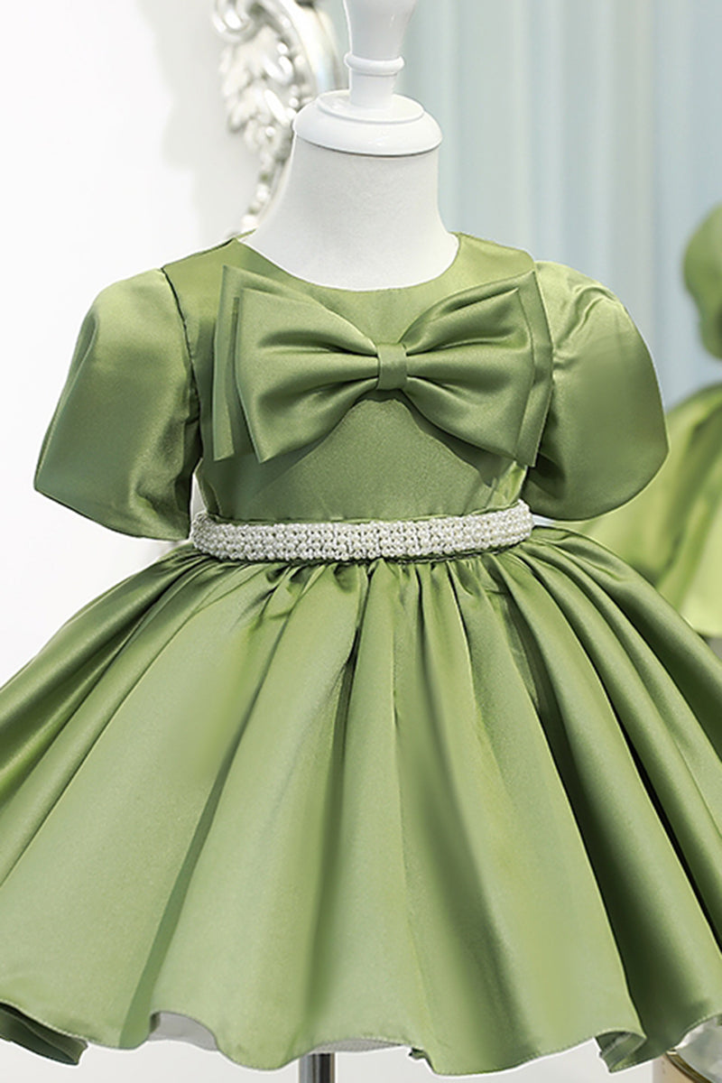 Ball Gown Green Satin Cute Flower Girl Dress Bow First Communion Dress QF1032