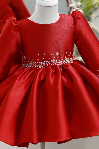 Ball Gown Red Satin Long Sleeves Flower Girl Dress Cute First Communion Dress QF1033