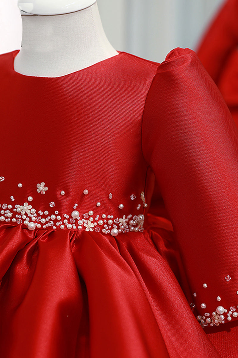 Ball Gown Red Satin Long Sleeves Flower Girl Dress Cute First Communion Dress QF1033