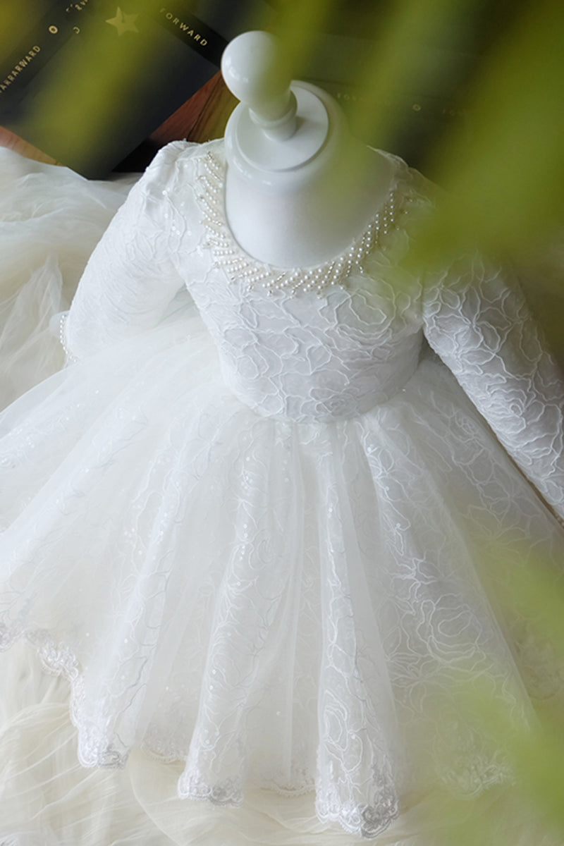 Unique Scoop Long Sleeves Lace Flower Girl Dress Cute First Communion Dress QF1035