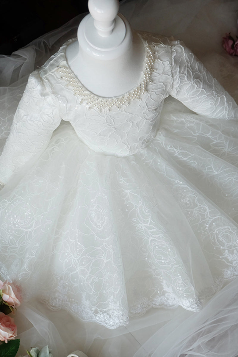Unique Scoop Long Sleeves Lace Flower Girl Dress Cute First Communion Dress QF1035