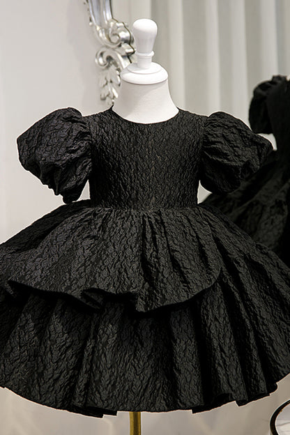 Ball Gown Short Sleeves Tiered Flower Girl Dress Black First Communion Dress QF1036