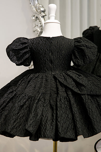 Ball Gown Short Sleeves Tiered Flower Girl Dress Black First Communion Dress QF1036