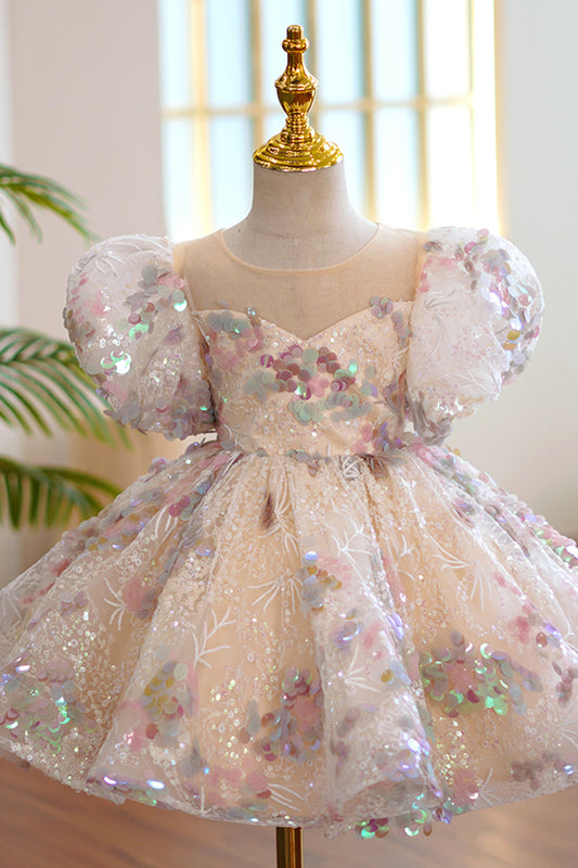 Illusion Neckline Short Sleeves Cute Flower Girl Dress Sparkly First Communion Dress QF1037