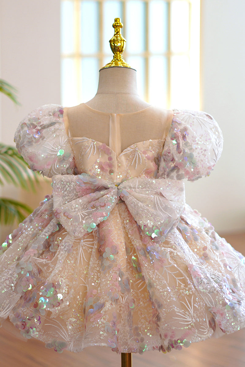 Illusion Neckline Short Sleeves Cute Flower Girl Dress Sparkly First Communion Dress QF1037