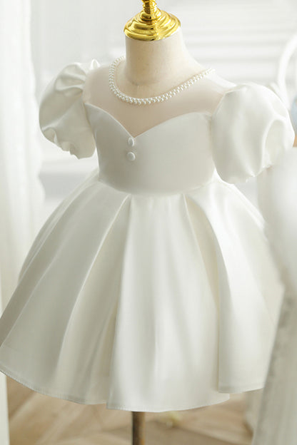 Ball Gown Illusion Neckline Pearls Cute Flower Girl Dress Short Sleeves First Communion Dress QF1042