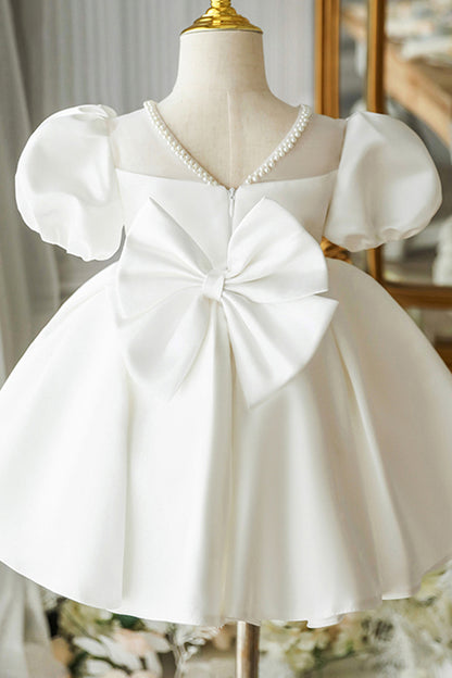 Ball Gown Illusion Neckline Pearls Cute Flower Girl Dress Short Sleeves First Communion Dress QF1042