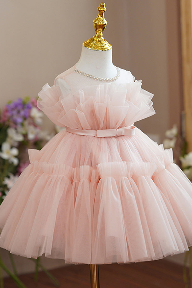 Chic Bateau Tiered Tulle Pink Flower Girl Dress Cute First Communion Dress QF1043