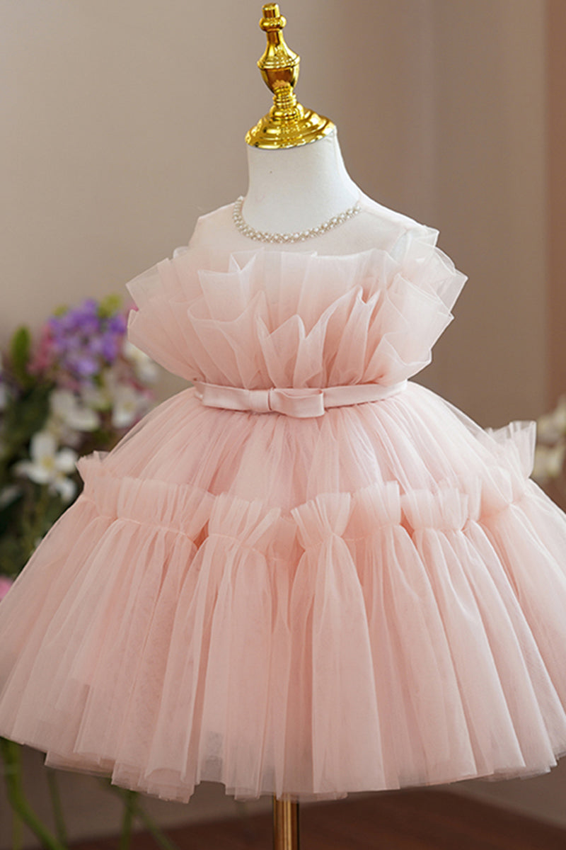 Chic Bateau Tiered Tulle Pink Flower Girl Dress Cute First Communion Dress QF1043