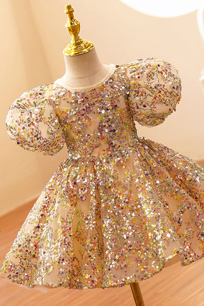 Ball Gown Short Sleeves Sequins Flower Girl Dress Cute First Communion Dress QF1047