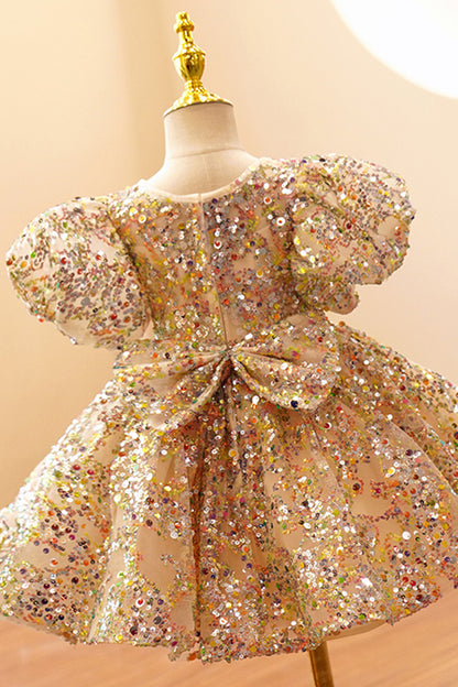 Ball Gown Short Sleeves Sequins Flower Girl Dress Cute First Communion Dress QF1047