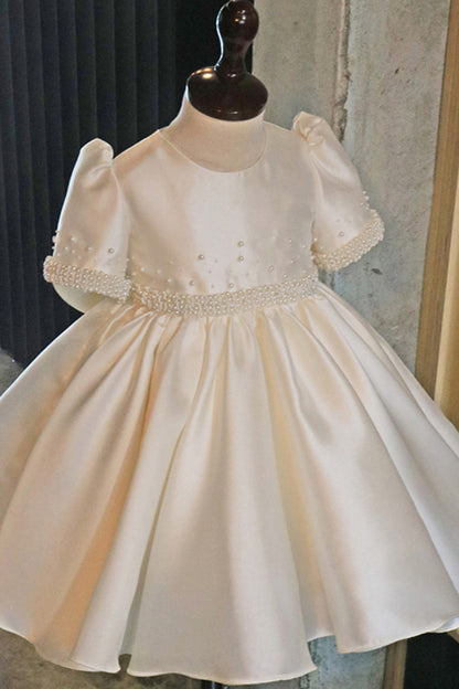 Ball Gown Pearls Short Sleeves Cute Flower Girl Dress First Communion Dress QF1049
