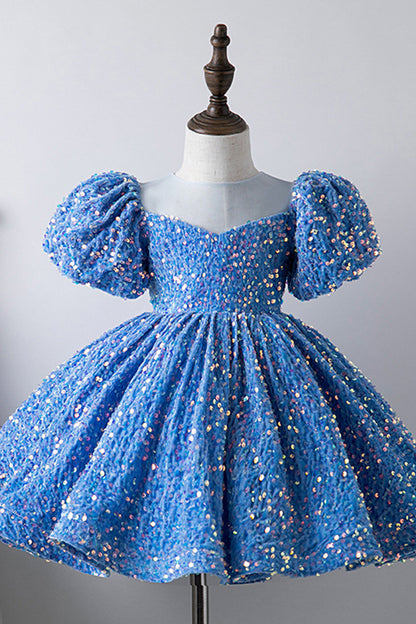 Illusion Neckline Sequins Short Sleeves Flower Girl Dress Cute First Communion Dress QF1041
