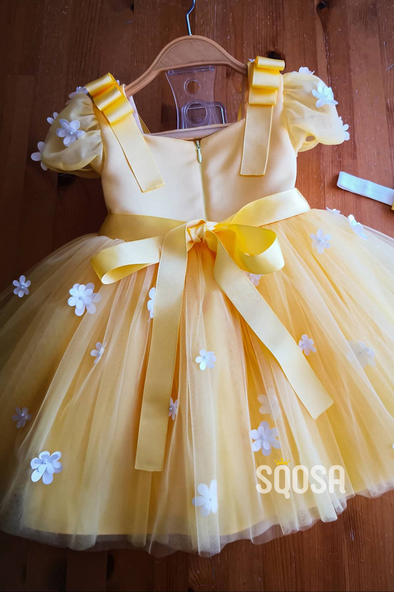 A-line Short Sleeves 3D Appliques Cute Flower Girl Dress First communion dress QF1008