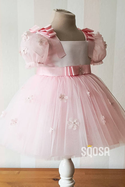 A-line Short Sleeves 3D Appliques Cute Flower Girl Dress First communion dress QF1008