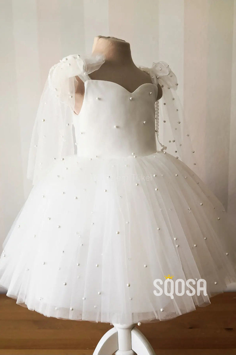 Ball Gown Spaghetti Straps Pearls Cute Ivory Flower Girl Dress First Communion Dress QF1010