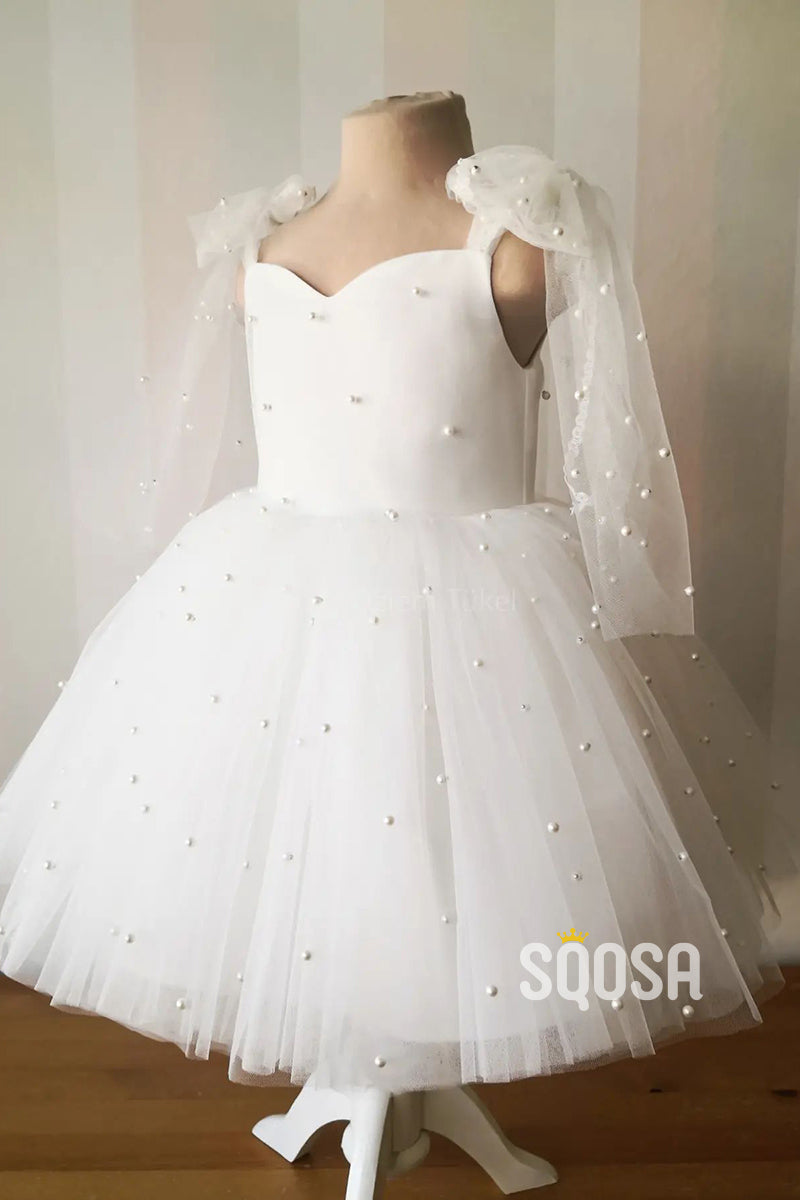 Ball Gown Spaghetti Straps Pearls Cute Ivory Flower Girl Dress First Communion Dress QF1010