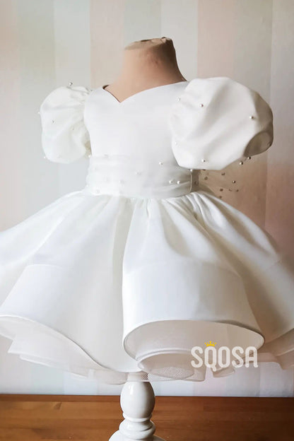 Ball Gown Short Sleeves Pearls Cute Ivory Flower Girl Dress First Communion Dress QF1012
