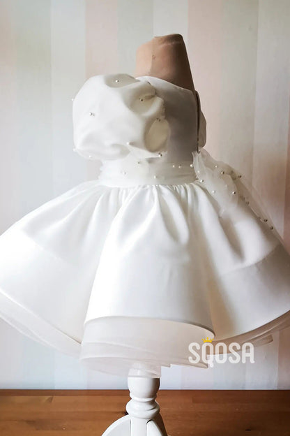 Ball Gown Short Sleeves Pearls Cute Ivory Flower Girl Dress First Communion Dress QF1012