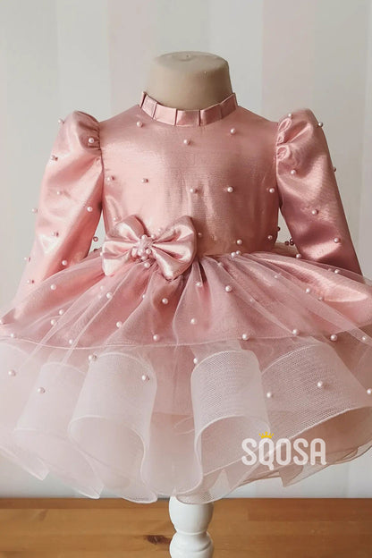 Unique High Neckline Pearls Long Sleeves Pink Flower Girl Dress Cute First Communion Dress QF1013