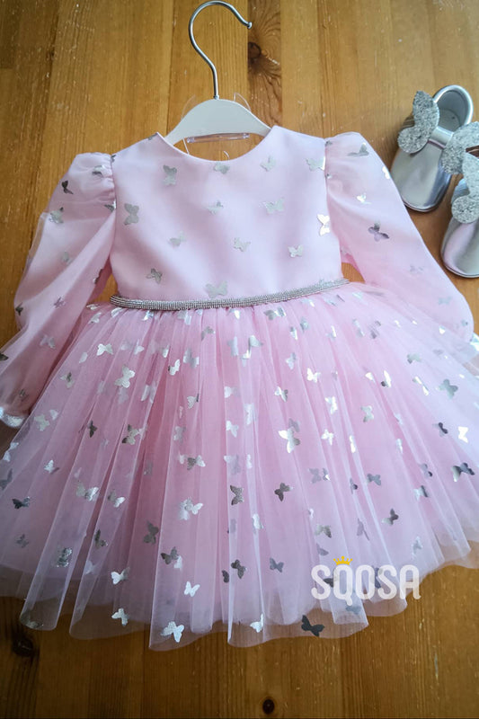 A-line Bateau Long Sleeves Cute Pink Flower Girl Dress First Communion Dress QF1015