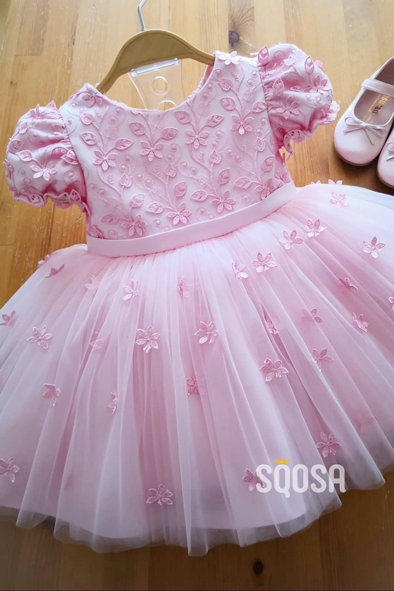 A-line Short Sleeves Lace Pink Flower Girl Dress Cute First Communion Dress QF1018