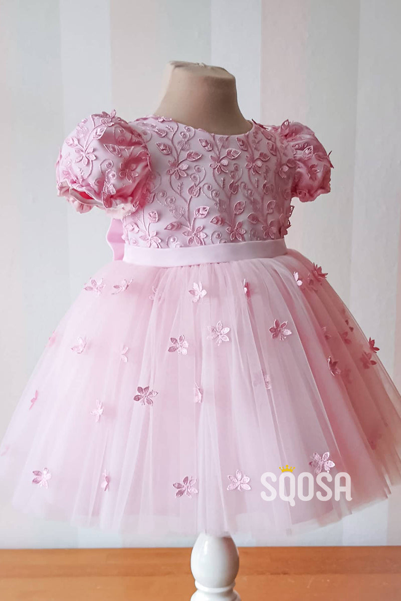 A-line Short Sleeves Lace Pink Flower Girl Dress Cute First Communion Dress QF1018