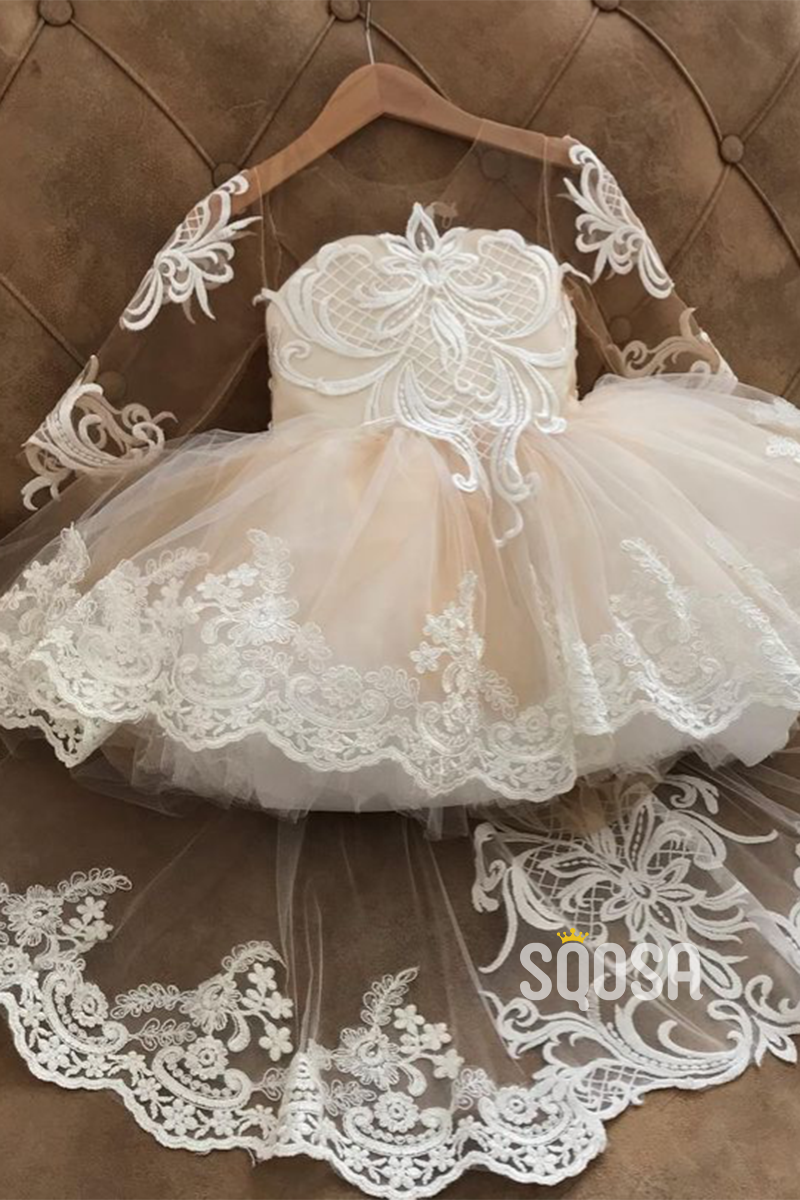 A-line Lace Appliques Long Sleeves Flower Girl Dress First Communion Dress QF1019