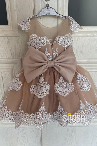 A-line Scoop Lace Appliques Champagne Flower Girl Dress First Commuinon Dress QF1023