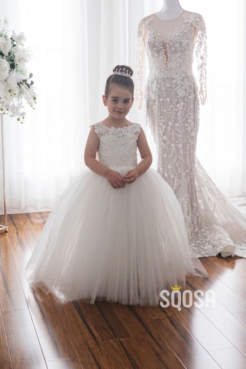 A-line Scoop Lace Appliques Ivory Flower Girl Dress First Communion Dress QF1024