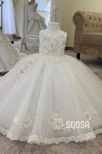 Ball Gown 3D Appliques Ivory Flower Girl Dress Cute First Communion Dress QF1026