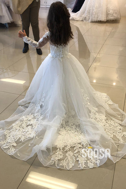 A-line Scoop Lace Appliques Long Sleeves Cute Flower Girl Dress First Communion Dress QF1028
